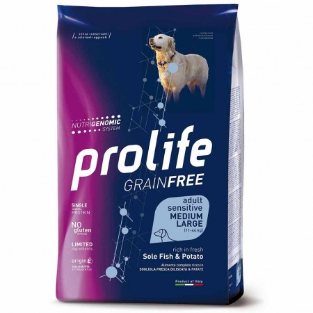 Alimento cane Prolife Grain Free Sensitive Sogliola e patate medium large 10kg