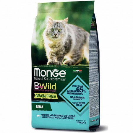 Alimento gatto Monge BWild cat adult grain free Merluzzo con patate e lenticchie 1,5kg