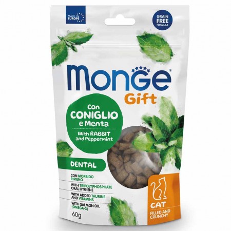 Alimento gatto Monge Gift cat Filled and Crunchy dental con coniglio e menta 60g
