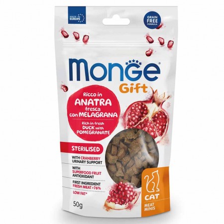 Alimento gatto Monge Gift cat Meat Minis sterilised anatra e melagrana 50g
