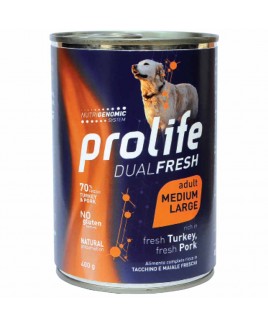Alimento cane umido Prolife Dual Fresh Adult Medium Large tacchino e maiale 400g