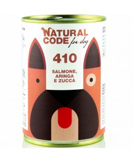 Alimento cane umido Natural Code 410 Salmone aringa zucca 400g