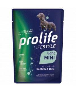 Alimento cane umido Prolife Life Style light Adult Mini merluzzo e riso 100g
