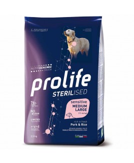 Alimento cane secco Prolife Sterilised Sensitive Adult Medium Large maiale riso 2,5Kg