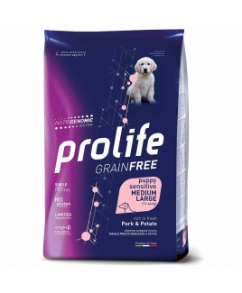 Alimento cane secco Prolife Sensitive Grain Free Puppy Medium Large maiale e patate 10Kg