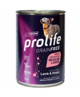 Alimento cane umido Prolife Grain Free Adult Medium Large agnello e patate 400g