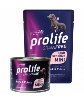 Alimento cane Prolife Grain Free Sensitive Mini Maiale e patate conf 5+1 lattine da 200g